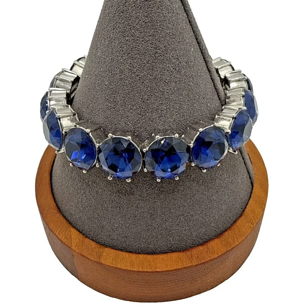 NWOT Charter Club Blue Rhinestone Bracelet Silver Tone Stretch Statement 8